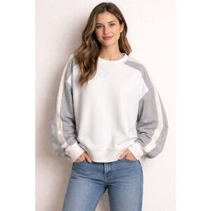 Nuuds Colorblock Sweatshirt Womens L White Grey Relaxed Fleece Crew Neck